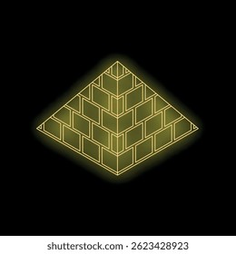 Neon yellow pyramid shining on a dark background, symbolizing ancient history, mystery, and powerful symbolism