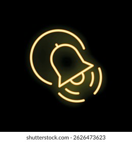 El icono de campana de neón amarillo se establece en un fondo negro con ondas de sonido que emanan de él