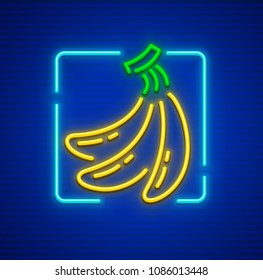 Neon yellow ripe bananas, cluster of fresh fruits. Sign icon with nighttime neon illumination. EPS10 vector illustration.