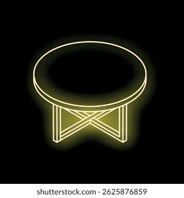 Neon yellow round coffee table with crossed legs glowing on black background, creating stylish and modern furniture design