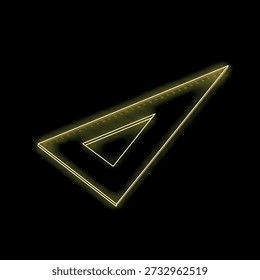 Neon yellow set square is glowing on a black background