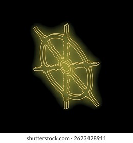 Neon yellow ship wheel glowing against a dark background, symbolizing navigation, control, and maritime adventure