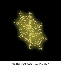 Neon yellow ship wheel glowing on black background, symbolizing navigation, leadership, and seafaring adventures