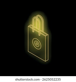 Neon yellow shopping bag glowing on black background representing online shopping and consumerism