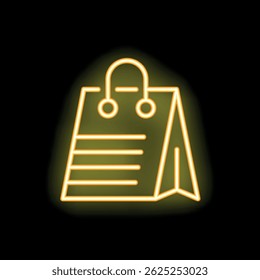 Neon yellow shopping bag glowing on a black background, perfect for retail and commerce themes