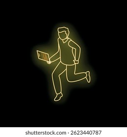 Neon yellow sign of businessman running and holding laptop, representing fast paced business world