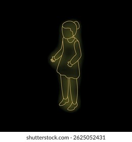 Neon yellow silhouette of a young girl standing and gesturing on a black background