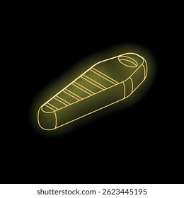 Neon yellow sleeping bag glowing on black background, perfect for camping and outdoor adventure themes