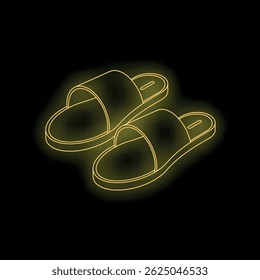 Neon yellow slippers glowing on a black background, representing summer footwear, relaxation, and comfort