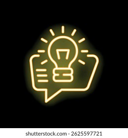 Neon yellow speech bubble containing light bulb shining on black background, concept of sharing innovative ideas