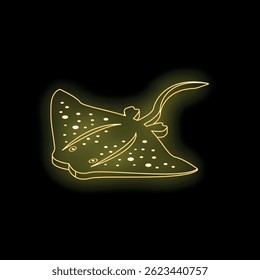 Neon yellow spotted eagle ray swimming underwater in the dark