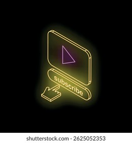 Neongelbe Schaltfläche zum Abonnieren mit dem Handcursor Klicken und Abspielen, isometrische Ansicht, glühend auf schwarzem Hintergrund