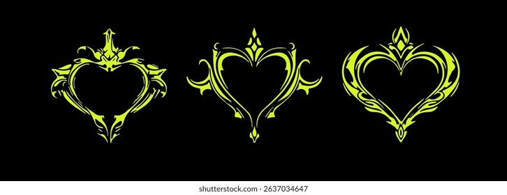 Neon yellow tribal heart shapes on a black background. The design features bold, ornate lines in 2025's trendy Y2K tribal tattoo revival style, perfect for graphic and digital art projects.