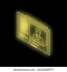 Neon yellow video call interface glowing on black background, representing online communication and virtual meetings