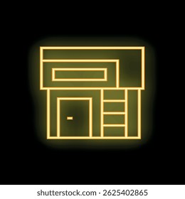 Neon yellow warehouse building glowing on black background, concept for night time logistics or 247 delivery service