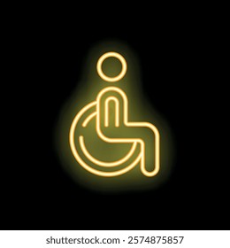 Neon yellow wheelchair accessibility sign is glowing on a black background