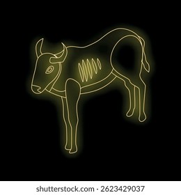 Neon yellow wildebeest standing, glowing on a black background, creating a vibrant and artistic representation of african wildlife
