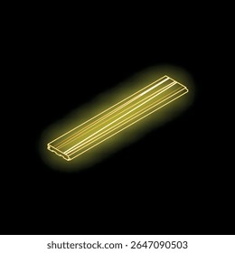 Neon yellow wooden plank glowing on black background, representing lumber, construction, and carpentry