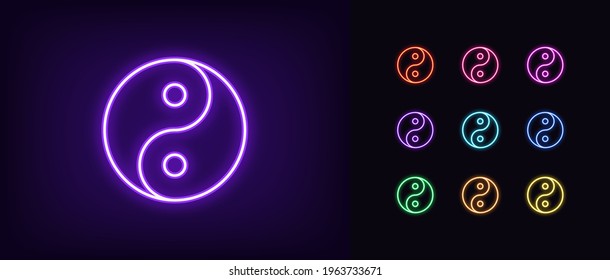 Neon yin yang icon. Glowing neon balance sign, outline yin yang Tao pictogram and silhouette in vivid colors. Balance and harmony, merging of opposites. Vector icon set, sign, symbol for UI