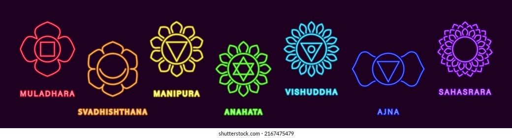 Neon Yoga Sacral Chakras Set. Purple Glowing Muladhara And Health Nature Light Anahata Spiritual Heal Svadhisthana With Mind Warming Rays Manipura Made With White Lines On Black Vector Space