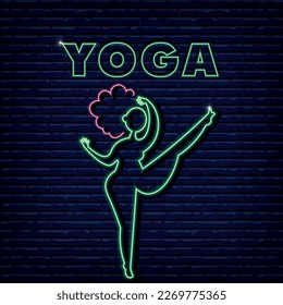 Neon yoga, vector image. Logo, signboard, Illuminated signboard. The girl pulls her leg up