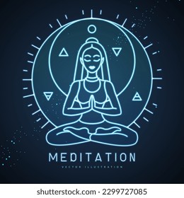 Neon young Woman meditation in lotus position in the rays of the rising sun. Neon sun and moon astrology sign. Vector illustration