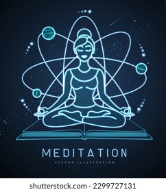 Neon young woman meditation in lotus position on outer space background. Vector illustration