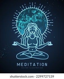 Neon Young Woman meditation in lotus position with full moon. Moon astrology sign. Vector illustration