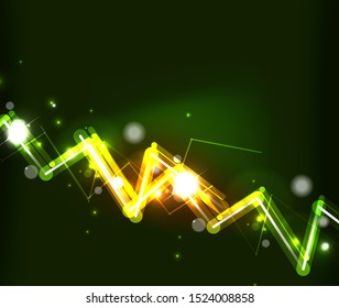 Neon zig zag lines, glowing spark trail tracing effect on black background. Neon glitters