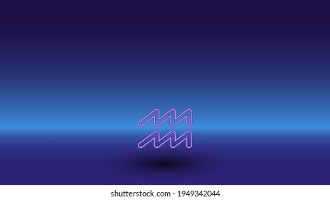 Neon zodiac aquarius symbol on a gradient blue background. The isolated symbol is located in the bottom center. Gradient blue with light blue skyline