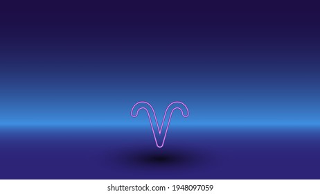 Neon zodiac aries symbol on a gradient blue background. The isolated symbol is located in the bottom center. Gradient blue with light blue skyline