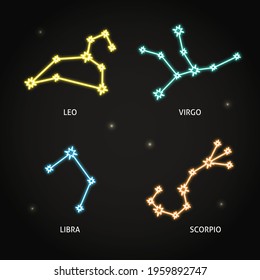 Neon zodiac constellation symbols collection on dark background. Connected shining star astrology signs. Leo, Virgo, Libra and Scorpio. Vector illustration.