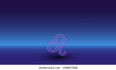 Neon zodiac leo symbol on a gradient blue background. The isolated symbol is located in the bottom center. Gradient blue with light blue skyline