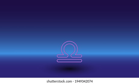 Neon zodiac libra symbol on a gradient blue background. The isolated symbol is located in the bottom center. Gradient blue with light blue skyline