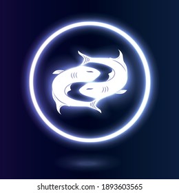 Neon zodiac sign Pisces depicting two fish moving in opposite directions. Illustration of an astrology sign. Vector flat design icon.Neon zodiac sign Pisces depicting two fish moving in opposite direc