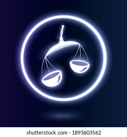 Neon zodiac sign silhouette of Libra depicting Scales as a symbol of justice. Illustration of an astrology sign. Vector icon