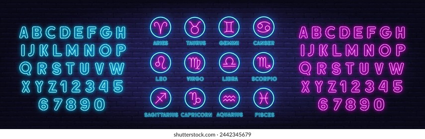 Neon Zodiac Signs Vector Set, Horoscope Symbols on brick wall background.