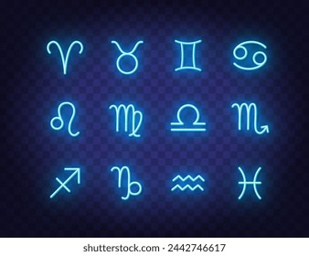 Neon Zodiac Signs Vector Set, Horoscope Symbols on Transparent  Background.