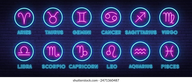 Neon Zodiac Signs Vector Set, Horoscope Symbols on brick wall background. Cancer, Aquarius, , Taurus, ,Libra, Aries, Gemini, Pisces, Virgo, Sagittarius, Leo, Capricorn and Scorpio emblem.