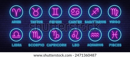 Neon Zodiac Signs Vector Set, Horoscope Symbols on brick wall background. Cancer, Aquarius, , Taurus, ,Libra, Aries, Gemini, Pisces, Virgo, Sagittarius, Leo, Capricorn and Scorpio emblem.