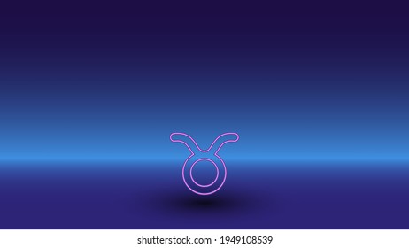 Neon zodiac taurus symbol on a gradient blue background. The isolated symbol is located in the bottom center. Gradient blue with light blue skyline