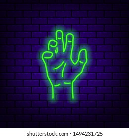 Neon zombie hand icon on dark brick background. Editable stroke and blend. Vector illustration.