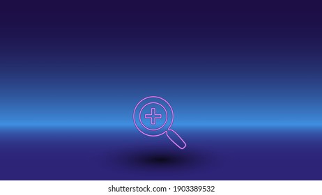 Neon zoom in symbol on a gradient blue background. The isolated symbol is located in the bottom center. Gradient blue with light blue skyline