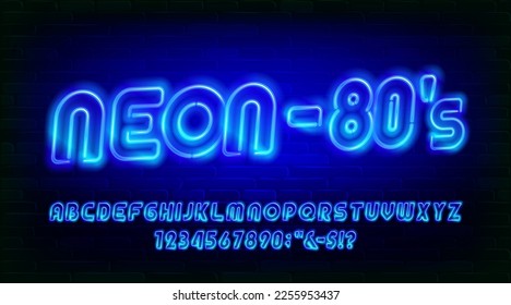 Neon-80s alphabet font. Neon colors letters and numbers. Stock vector typescript for your design.