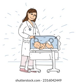 Neonatal female doctor next to newborn baby in incubator. Newborn resuscitation. Vector illustration.