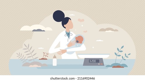 Neonatal nurse childcare for premature newborn babies tiny person concept. Clinical infant weight measurements and hospital intensive care after medical problems or birth defects vector illustration.