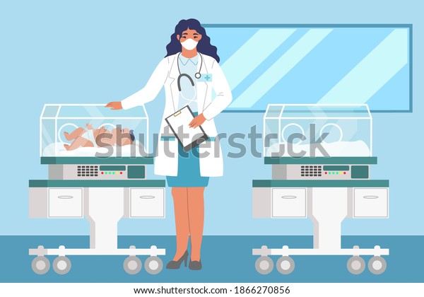 Neonatal resuscitation. Female doctor\
standing next to newborn baby in incubator, flat vector\
illustration. Newborn\
resuscitation.