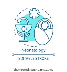 Neonatology Concept Icon. Neonatal Resuscitation. Pediatric Clinic. Infant Nursery. Baby Check Up. Newborn Care Service Idea Thin Line Illustration. Vector Isolated Outline Drawing. Editable Stroke