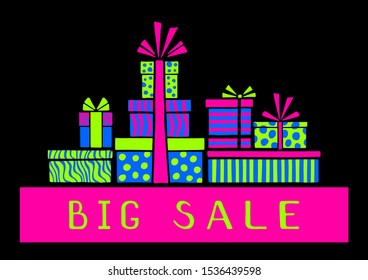 Neon-colored Gift boxes on a black background. Big Sale card. Hand drawn collection. Vector illustration.