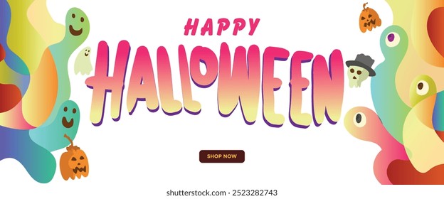 Neon-Colored Halloween Monster Party concept. abstract geometric liquid form. monster halloween with hand drawn banner template vector illustration.